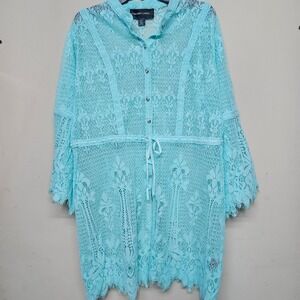 NWOT Colleen Lopez Aqua Lace Button Front Tunic Blouse Womens 1X Chic Flowy